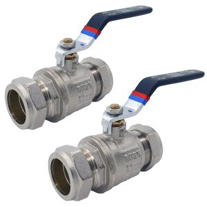 2 x Ball Valve 28mm Full Bore Black Lever Compression (Pack of Two)