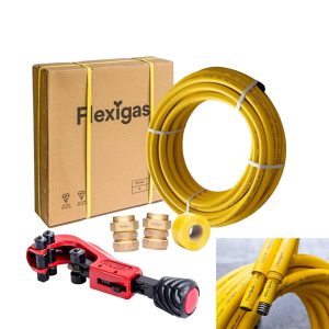 FREE FlexiGas CCST Tubing Cutter (Worth £60!) with Flexigas Contractor Kit – 28mm x 15m Coil & 2 x Copper Compression Fittings – DS-CK28-15M-CC