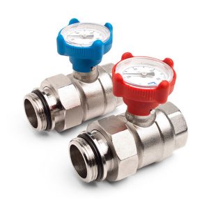 Inta 1" Blue/Red Isolating Ball Valve (Pair) with Temperature Gauge - UFHBVGPR.1