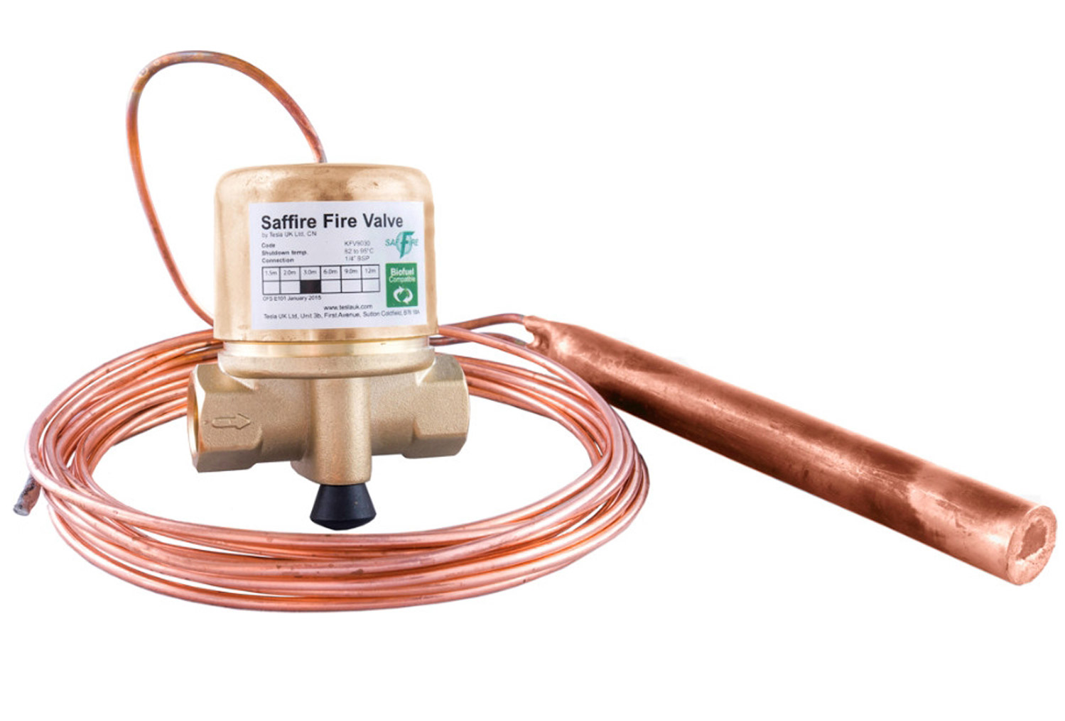 Tesla SAFFIRE Remote Fire Valve 1/4" 90 degree 3m KFV9030