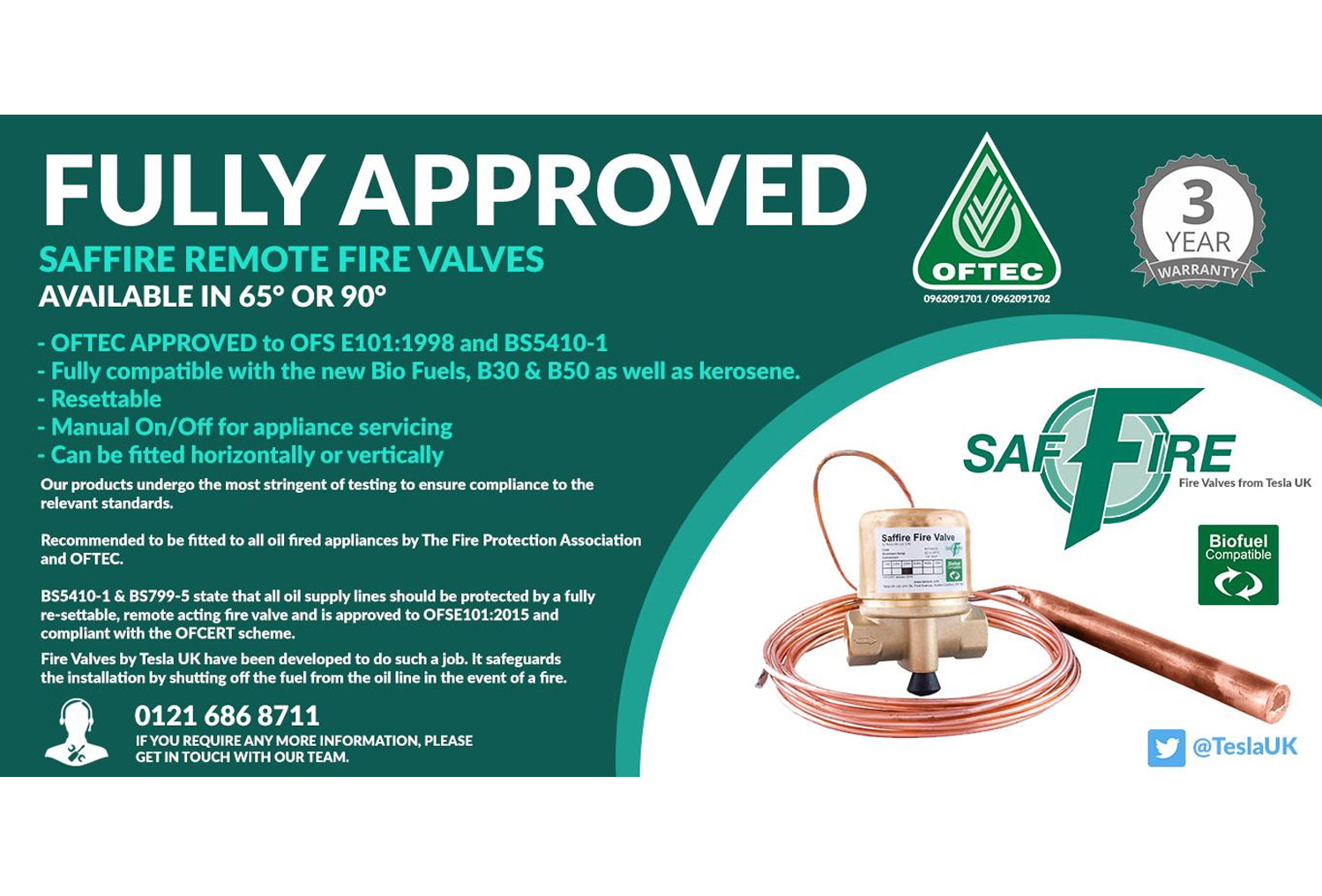 Tesla SAFFIRE Remote Fire Valve 1/4" 90 degree 9m KFV9090