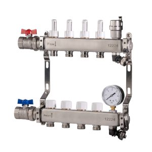 Reliance Stainless Steel 4 Port UFH Manifold with Ball Valves, Auto Air Vent & Pressure Gauge MANA453104