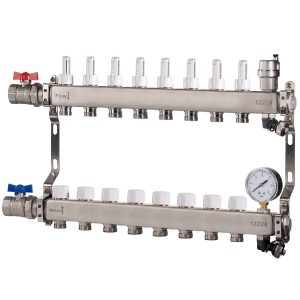 Reliance Stainless Steel 8 Port UFH Manifold with Ball Valves, Auto Air Vent & Pressure Gauge MANA453108