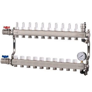 Reliance Stainless Steel 10 Port UFH Manifold with Ball Valves, Auto Air Vent & Pressure Gauge MANA453110